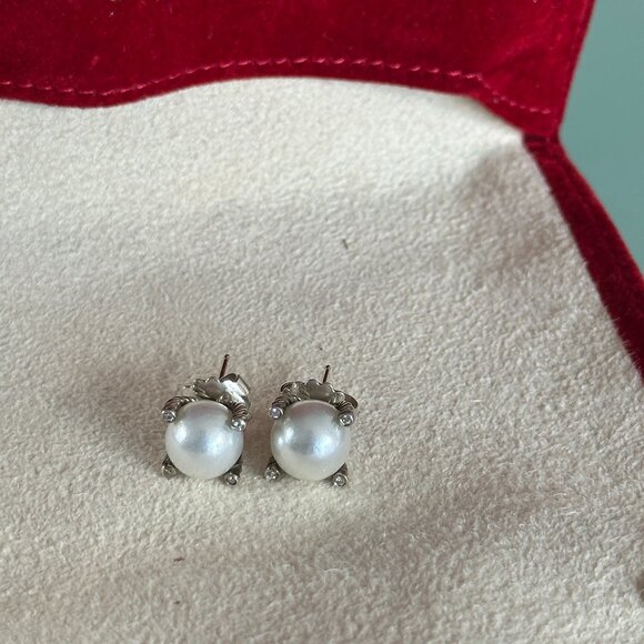 David Yurman Cable Pearl & Diamond Stud Earrings – Sterling Silver - Picture 6 of 11
